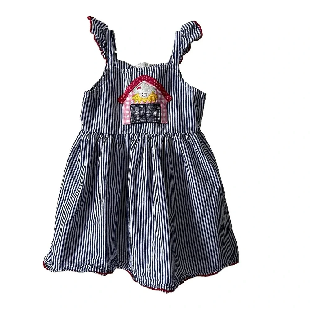 Mimi Niko Girls 2T Blue White Striped A-Line Dress Owl Square Neck Sleeveless